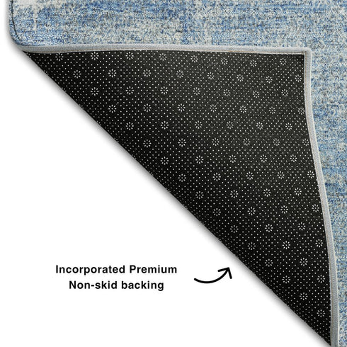 5' X 8' Denim Blue And Ivory Abstract Washable Area Rug With UV Protection