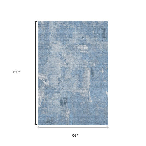 8' X 10' Denim Blue And Ivory Abstract Washable Area Rug With UV Protection