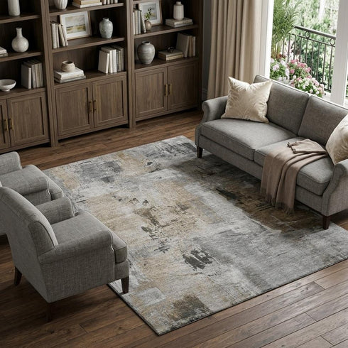 8' X 10' Gray Brown And Ivory Abstract Washable Area Rug With UV Protection