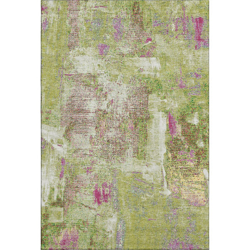 5' X 8' Lime Green Pink And Yellow Abstract Washable Area Rug With UV Protection