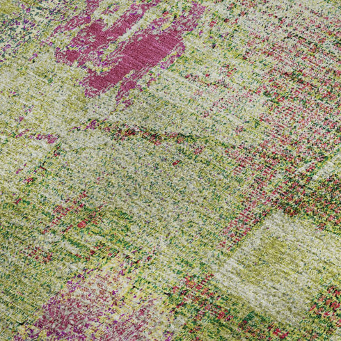 5' X 8' Lime Green Pink And Yellow Abstract Washable Area Rug With UV Protection