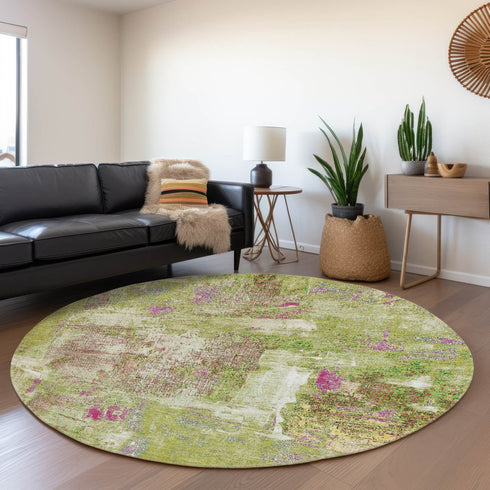 8' Lime Green Pink And Yellow Abstract Washable Round Rug With UV Protection