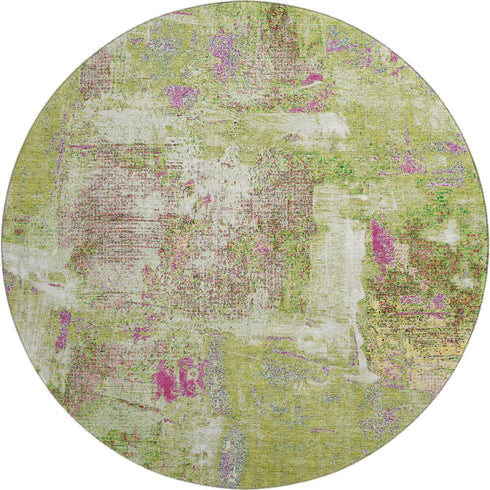 8' Lime Green Pink And Yellow Abstract Washable Round Rug With UV Protection