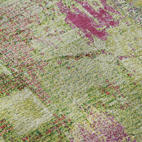 8' Lime Green Pink And Yellow Abstract Washable Round Rug With UV Protection