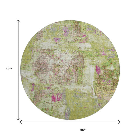 8' Lime Green Pink And Yellow Abstract Washable Round Rug With UV Protection