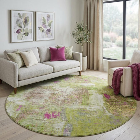 8' Lime Green Pink And Yellow Abstract Washable Round Rug With UV Protection