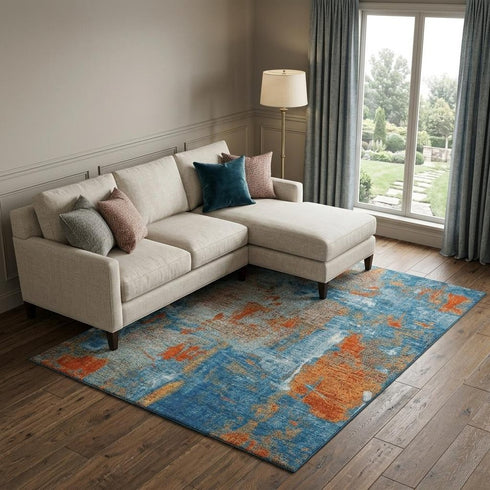 8' X 10' Navy Blue Orange And Teal Abstract Washable Area Rug With UV Protection