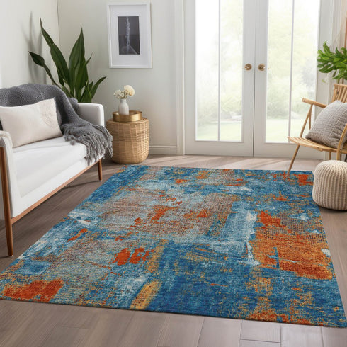 8' X 10' Navy Blue Orange And Teal Abstract Washable Area Rug With UV Protection