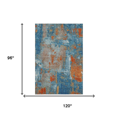 8' X 10' Navy Blue Orange And Teal Abstract Washable Area Rug With UV Protection