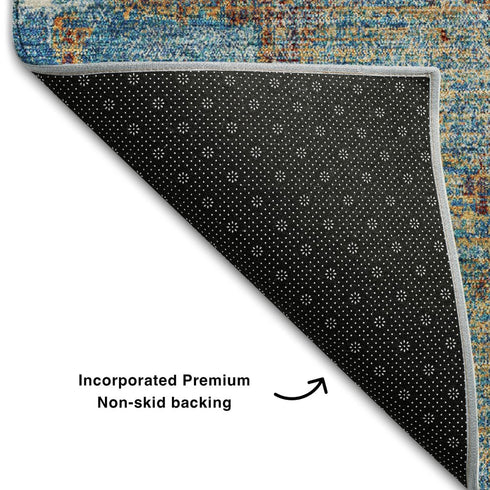9' X 12' Navy Blue Orange And Teal Abstract Washable Area Rug With UV Protection