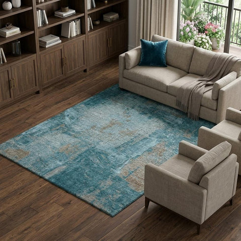 8' X 10' Teal And Taupe Abstract Washable Area Rug With UV Protection