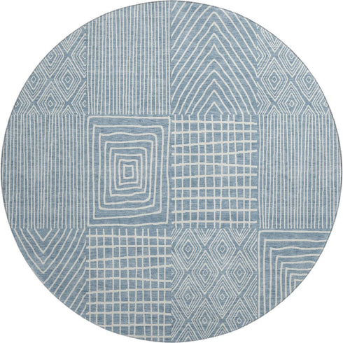 8' Denim Blue And Ivory Geometric Washable Round Rug With UV Protection