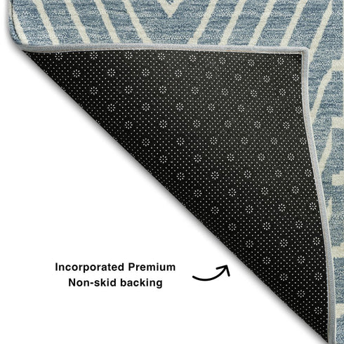 8' Denim Blue And Ivory Geometric Washable Round Rug With UV Protection