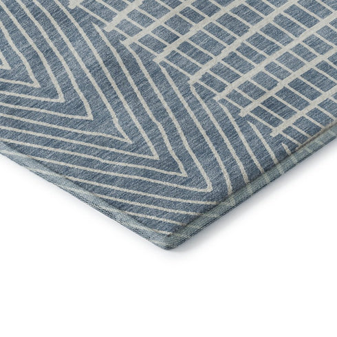 8' Denim Blue And Ivory Geometric Washable Round Rug With UV Protection