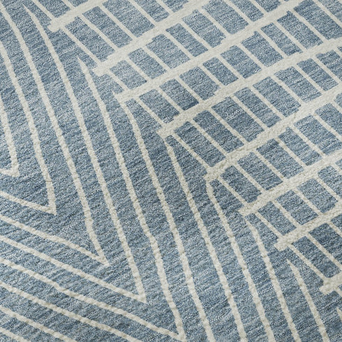 8' Denim Blue And Ivory Geometric Washable Round Rug With UV Protection