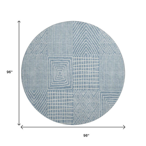8' Denim Blue And Ivory Geometric Washable Round Rug With UV Protection