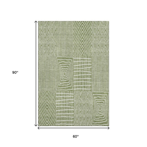 5' X 8' Green And Ivory Geometric Washable Area Rug With UV Protection