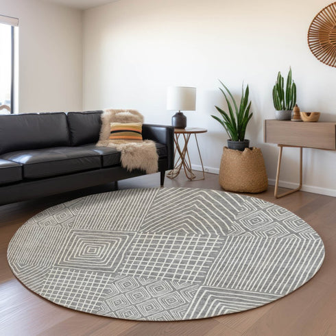 8' Gray And Ivory Geometric Washable Round Rug With UV Protection