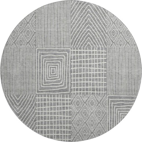 8' Gray And Ivory Geometric Washable Round Rug With UV Protection