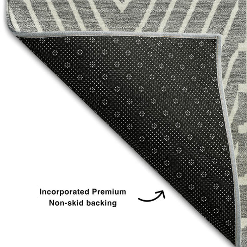 8' Gray And Ivory Geometric Washable Round Rug With UV Protection