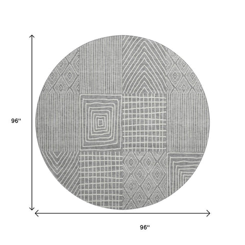 8' Gray And Ivory Geometric Washable Round Rug With UV Protection