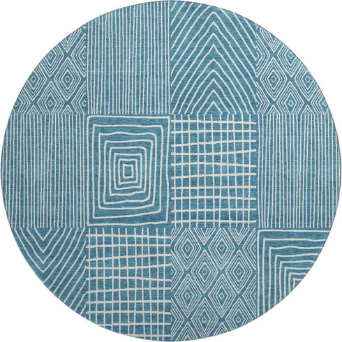 8' Teal And Ivory Geometric Washable Round Rug With UV Protection
