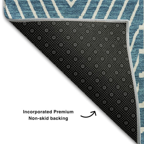 8' Teal And Ivory Geometric Washable Round Rug With UV Protection