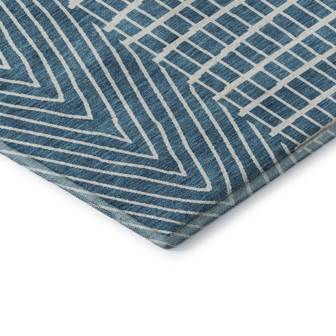 8' Teal And Ivory Geometric Washable Round Rug With UV Protection