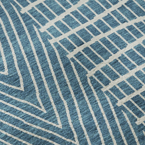 8' Teal And Ivory Geometric Washable Round Rug With UV Protection