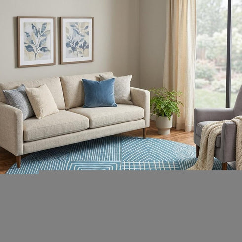 8' Teal And Ivory Geometric Washable Round Rug With UV Protection