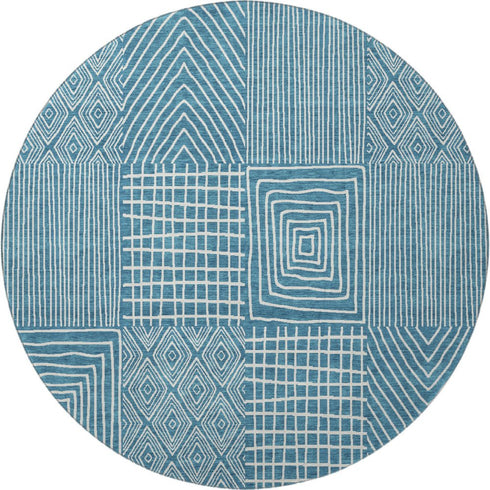 8' Teal And Ivory Geometric Washable Round Rug With UV Protection