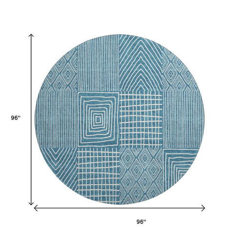 8' Teal And Ivory Geometric Washable Round Rug With UV Protection