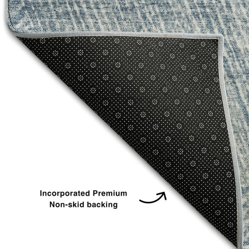 5' X 8' Denim Blue And Ivory Abstract Washable Area Rug With UV Protection