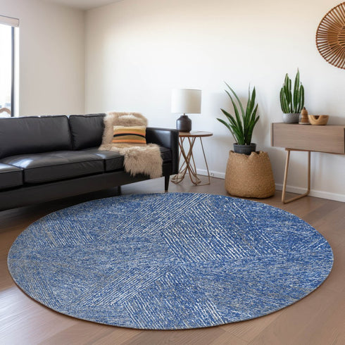 8' Navy Blue And Ivory Abstract Washable Round Rug With UV Protection