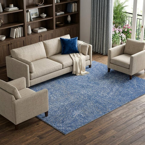 8' X 10' Navy Blue And Ivory Abstract Washable Area Rug With UV Protection