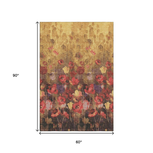 5' X 8' Gold Red And Yellow Floral Washable Area Rug With UV Protection