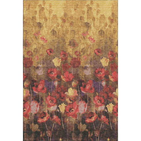 5' X 8' Gold Red And Yellow Floral Washable Area Rug With UV Protection