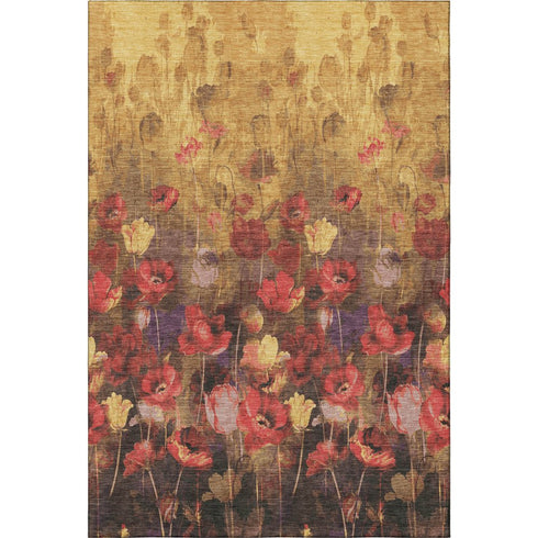 5' X 8' Gold Red And Yellow Floral Washable Area Rug With UV Protection