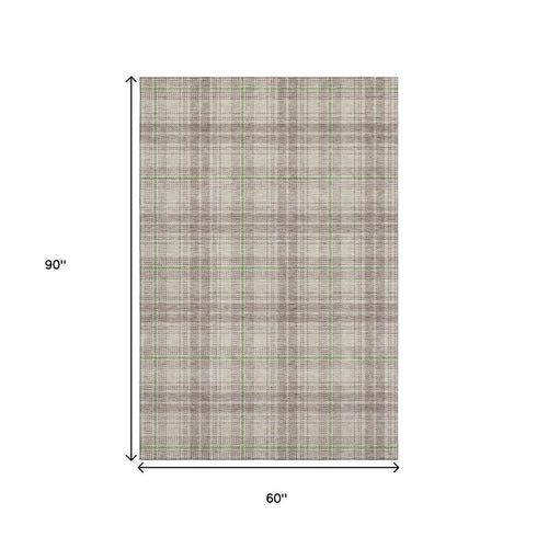 5' X 8' Beige Green And Tan Plaid Washable Area Rug With UV Protection