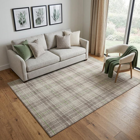 5' X 8' Beige Green And Tan Plaid Washable Area Rug With UV Protection