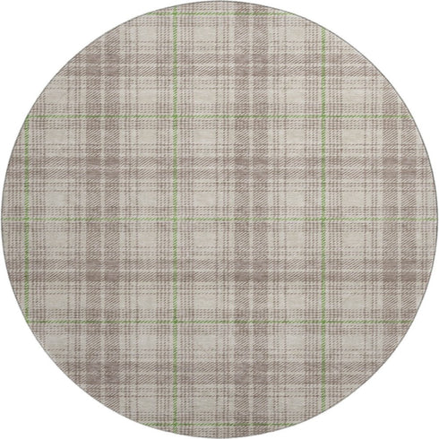 8' Beige Green And Tan Plaid Washable Round Rug With UV Protection