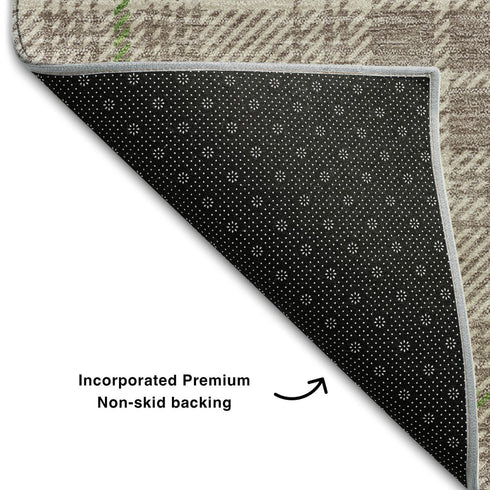 8' Beige Green And Tan Plaid Washable Round Rug With UV Protection