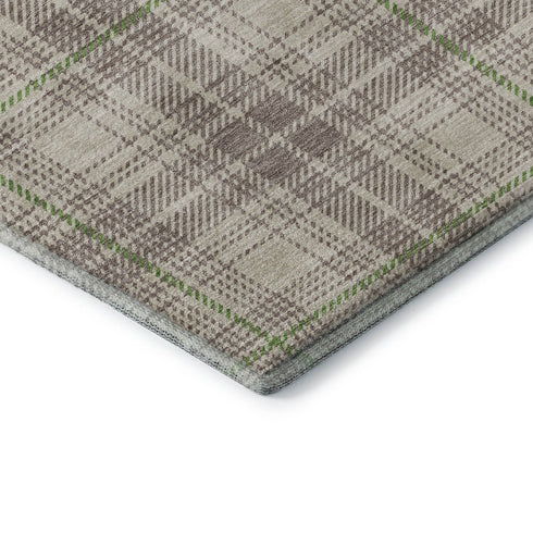 8' Beige Green And Tan Plaid Washable Round Rug With UV Protection