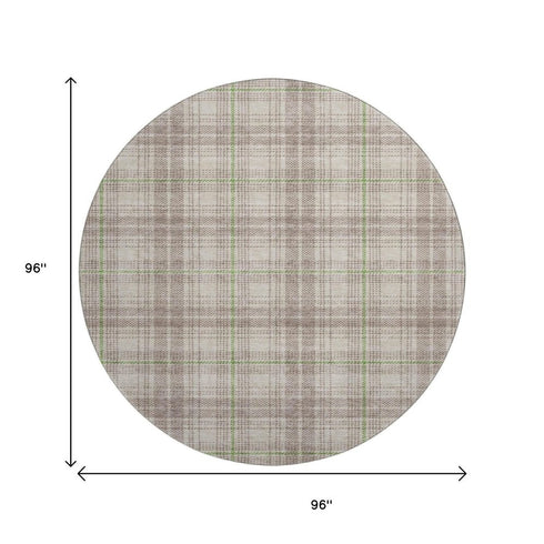 8' Beige Green And Tan Plaid Washable Round Rug With UV Protection