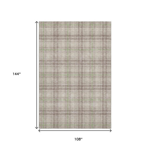 9' X 12' Beige Green And Tan Plaid Washable Area Rug With UV Protection