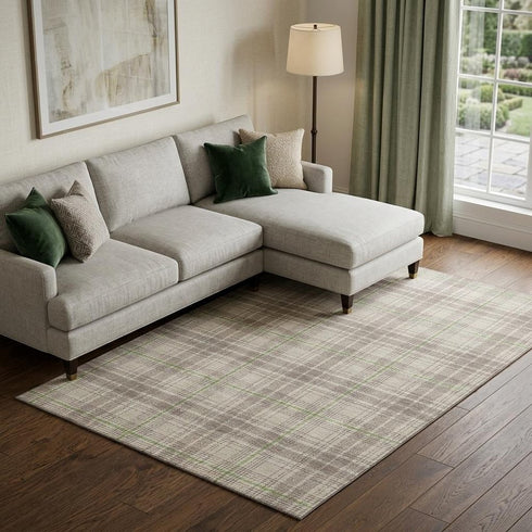 9' X 12' Beige Green And Tan Plaid Washable Area Rug With UV Protection