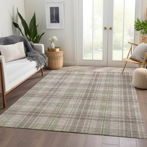 9' X 12' Beige Green And Tan Plaid Washable Area Rug With UV Protection