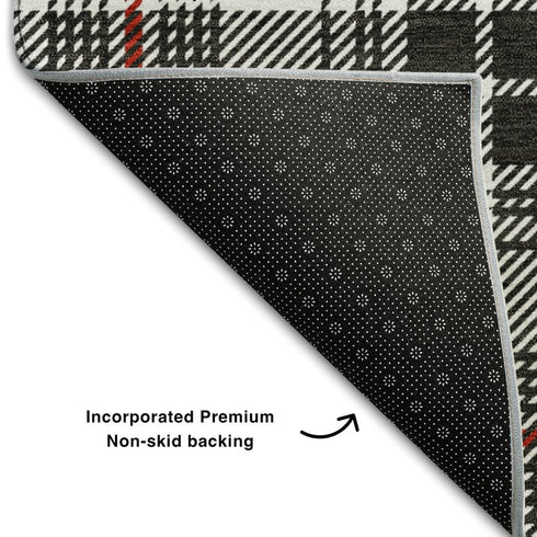 5' X 8' Black Red And Ivory Plaid Washable Area Rug With UV Protection