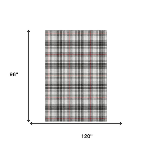 8' X 10' Black Red And Ivory Plaid Washable Area Rug With UV Protection