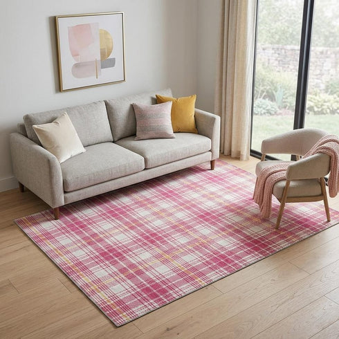 5' X 8' Blush Ivory And Orange Plaid Washable Area Rug With UV Protection